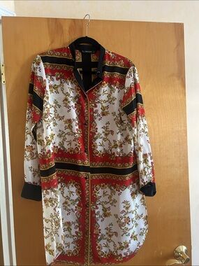 Zara Basic Red, Black & Gold Baroque Print Shirt